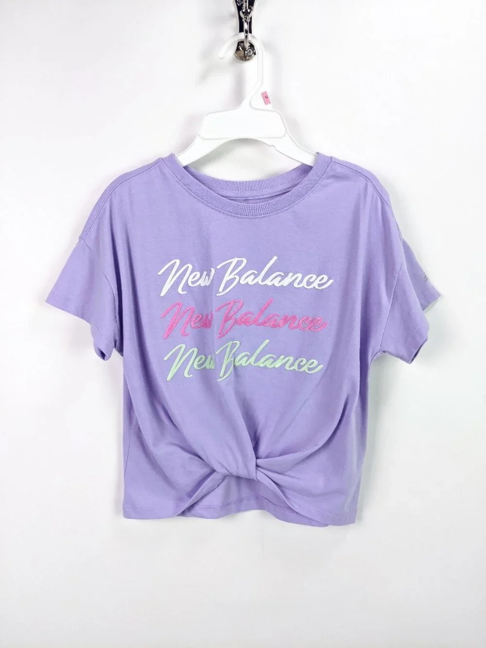 New Balance Girls Purple Graphic Logo T-Shirt Twist Front Crop Top Size S 7/8